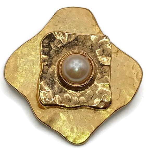 Gold Tone Square Metal Brooch with Faux Pearl Cabochon - Picture 5 of 5